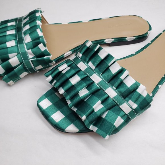 Ann Taylor Gingham Check Pleated Ruffle Slides 7.5 Green Sandals Satin - Picture 5 of 5